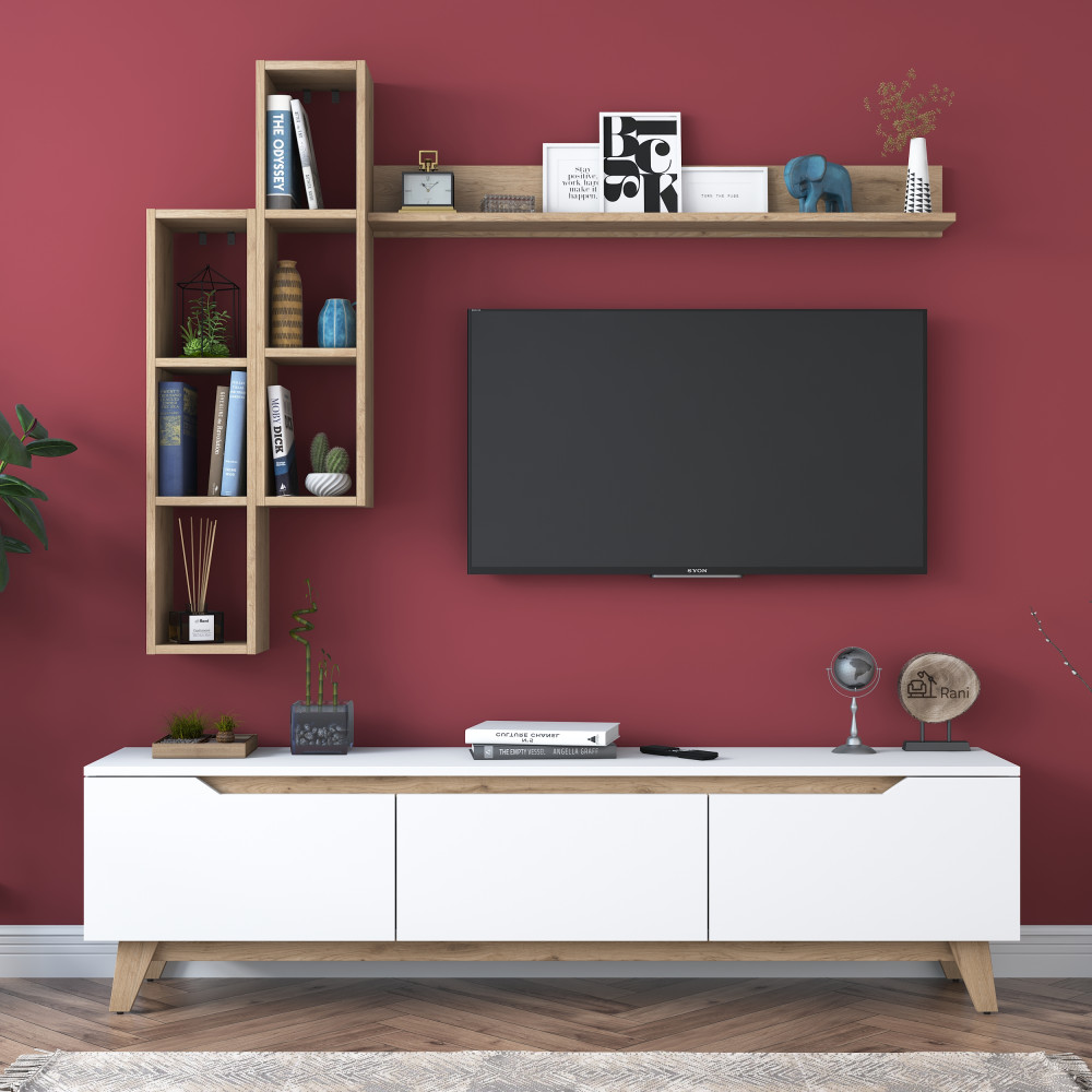 Rani D1 Etagère murale Meuble TV Meuble TV avec étagère Bibliothèque Etagère murale Pieds modernes 180 cm Blanc - Panier Noyer M16