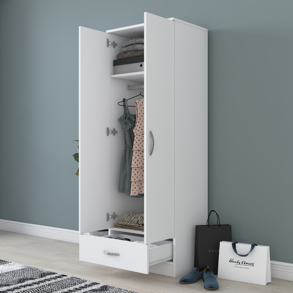 Rani BA103 Grande armoire à vêtements 2 portes 1 tiroir 1 étagère 1 penderie Blanc