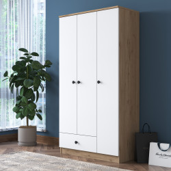 Rani BA117 Armoire à vêtements 3 portes 1 tiroir 7 étagères 1 panier suspendu Noyer - Blanc