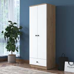 Rani BA118 Armoire à vêtements 2 portes 1 tiroir 1 tiroir 1 étagère 1 panier suspendu Noyer - Blanc