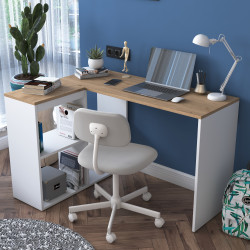 Rani HA113 Bureau Bureau d'ordinateur Table d'angle avec 4 étagères Blanc - Noyer panier 120 cm